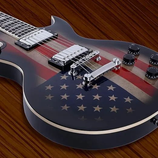 Leo Jaymz Full Size Single Cut Electric Guitar -Mahogany body，Mahogany neck on C+U shape， with Amazing US Flag Sticker on Arched Top (US Flag)