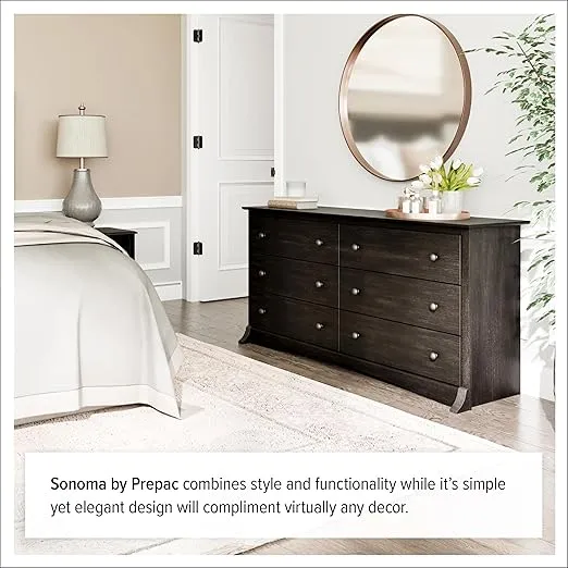 Prepac Sonoma 6 Drawer Double Dresser for Bedroom, Wide Chest of Drawers, Traditional Bedroom Furniture, 16" D x 59" W x 29" H, Washed Black, HDC-6330-V