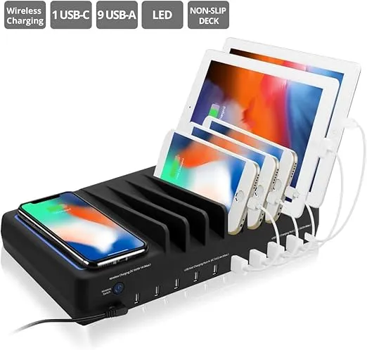 SIIG 10 Port 90W USB Charging station with Qi wireless and USB C Charging, Ambient Light Deck compatible with iPhone iPad Samsung Galaxy Google Nexus