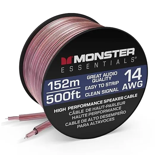 Monster Essentials High Performance Speaker Wire 14 Gauge Copper Clad Aluminum (CCA) Speaker Cable 500 FT Spool – Ideal Home Cinema Speaker Wire Cable and Car Audio Speaker Cables/Speaker Wires