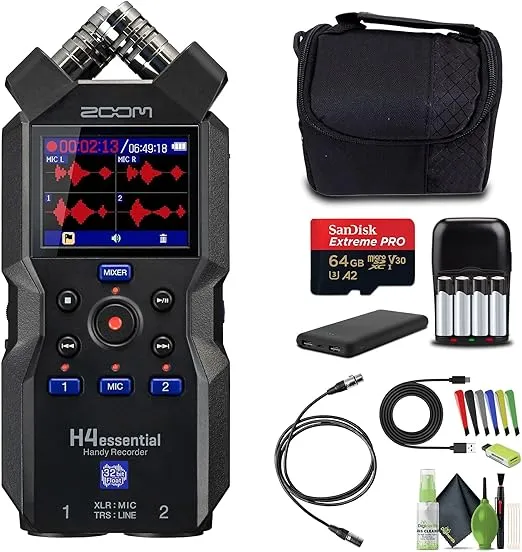 Zoom H4essential 4-Track 32-Bit Float Portable Audio Recorder With Accessibility Option, Stereo Microphones, 2 XLR/TRS Combo Inputs, USB Interface, for Musicians, Podcasters Bundle With Accessories