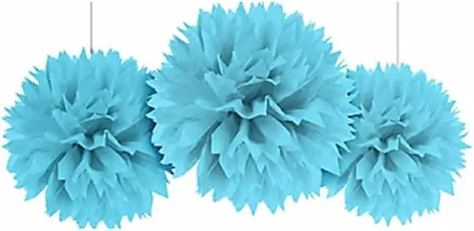 Amscan Fluffy Paper Decorations,16", Caribbean Blue - 3 Pcs