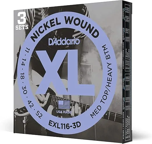 D'Addario Guitar Strings - XL Nickel Electric Guitar Strings - EXL116-3D - Perfect Intonation, Consistent Feel, Reliable Durability - For 6 String Guitars - 11-52 Medium Top/Heavy Bottom, 3-Pack