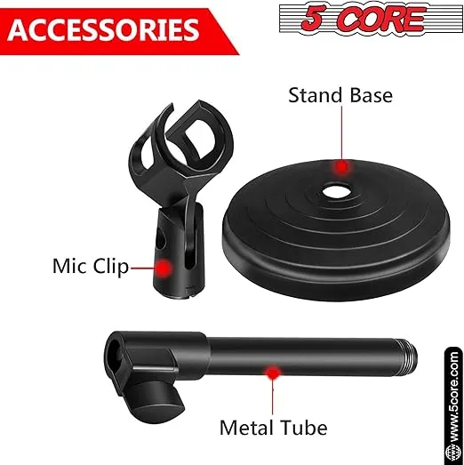 5 Core Desk Microphone Stand • Height Adjustable Desktop Mic Stand • Round Base • Table Mic Holder with Universal Mic Clip and 3/8" to 5/8" Screw- MS RBS BOOM