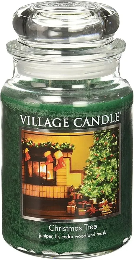 Village Candle Christmas Tree Large Glass Apothecary Jar Scented Candle, (26oz), Green