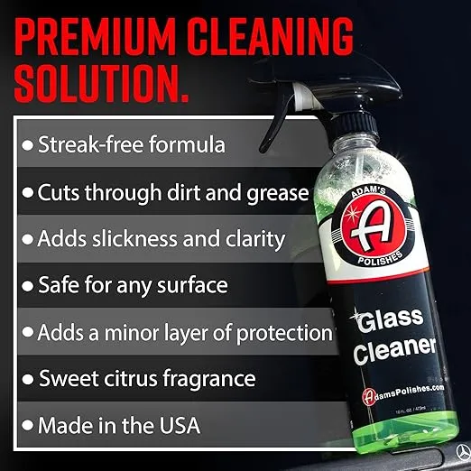 Adam's Polishes Glass Cleaner - Steak Free Car Wash Window Cleaner, All-Natural Streak Free Formula For Car Cleaning, Safe On Tinted & Non-Tinted Glass, Won't Strip Car Wax or Coating