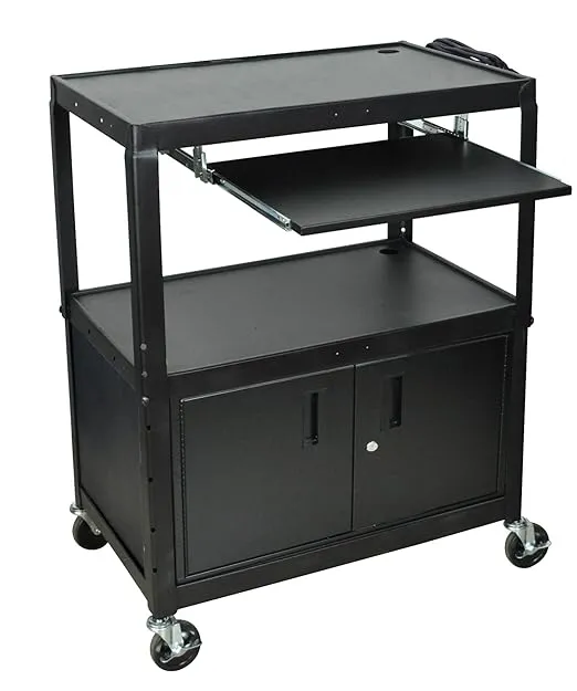 LUXOR AVJ42XLKBC Extra-Large Steel Cart with Adjustable-Height, Pullout Keyboard Tray, Storage Cabinet, Height 24" to 42", Black