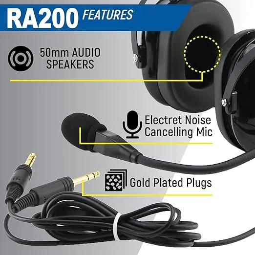 RA200 Aviation Pilot Headset for Student Pilots Flight Schools Flight Instructors Features Clear Hear Speakers Noise Canceling Microphone Foam Ear Seals Custom Fit Headband and Free Headset Bag