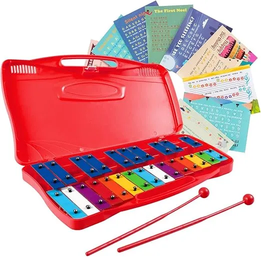 Costzon 25-Note Xylophone w/Case, Colorful Musical Toy w/Clear Tuned Metal Keys, 2 Child-Safe Mallets, Perfectly Tuned Instrument for Kids, Toddlers (With music sheets, Red)