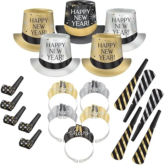 Amscan Party City New Year’s Eve 2024 Wearables and Noisemakers for 10 Guests, Party Supplies, Black, Gold and Silver, 20 Piece