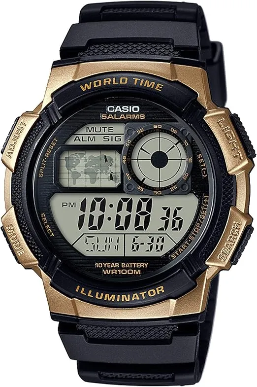 Casio AE1000W Series | Men’s Digital Watch | 100M WR | Multi Alarms | 100 SEC Stopwatch | Countdown Timer | World Map for World Time | LED Light | LC Analog Display | 10 Year Battery