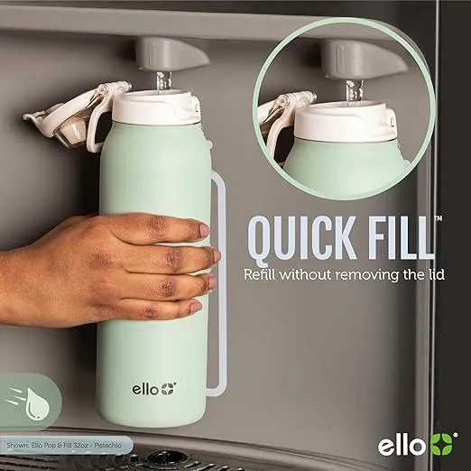 Ello Pop & Fill Stainless Steel Water Bottle with Quick Fill Technology, Double Walled Vacuum Insulated Metal, Leak Proof Locking Lid, Sip & Chug, BPA Free, Holiday Gift for Him Her, 22oz, 32oz, 40oz