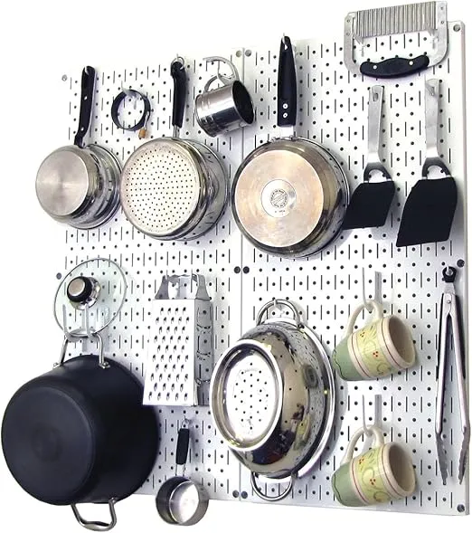 Wall Control Kitchen Pegboard Organizer Pots and Pans Pegboard Pack Storage and Organization Kit with White Pegboard and White Accessories