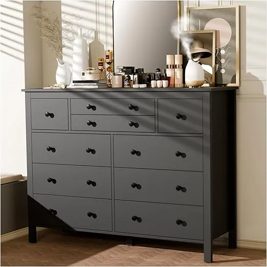 10 Drawer Large Black Dresser for Bedroom, 47.2" Long Chest of Drawers with Deep Drawers, Modern Wooden Storage Dresser for Closet, 36.2" Tall Dresser TV Stand for Living Room, Hallway, Entryway