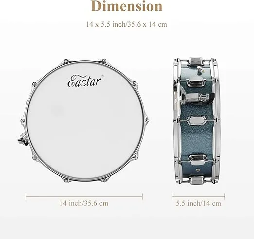 Eastar Snare Drum Set with Drum Sticks,for Beginners with Snare Drum Stand, Mute Pad, Snare Drum Bag, Drum Key, 14"X 5.5", Starry Blue