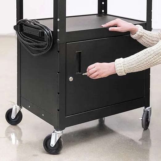 Line Leader Rolling AV Cart with Locking Cabinet, Laptop Stand, and Drop Leaves, Height Adjustable Mobile Utility Cart Workstation with Extra Storage Space, UL-Listed Power Strip (Black / 46 x 18)