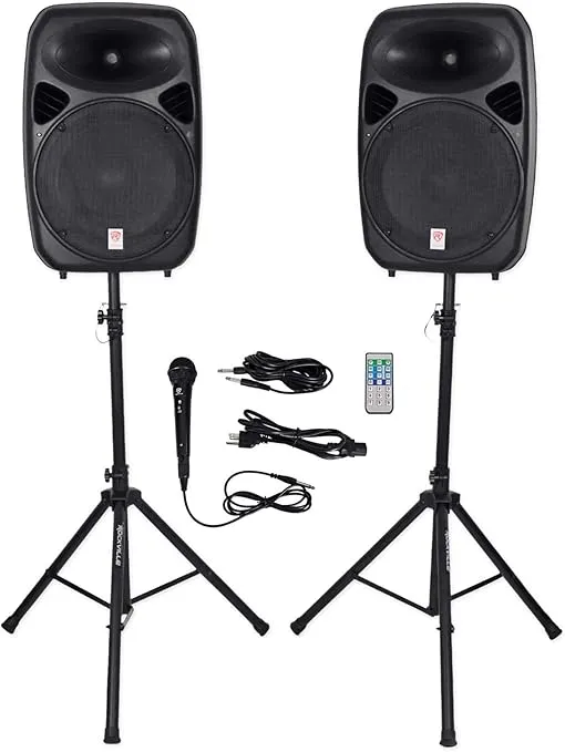 Rockville RPG152K Dual 15" Powered Speakers, Bluetooth+Mic+ Stands+Cables