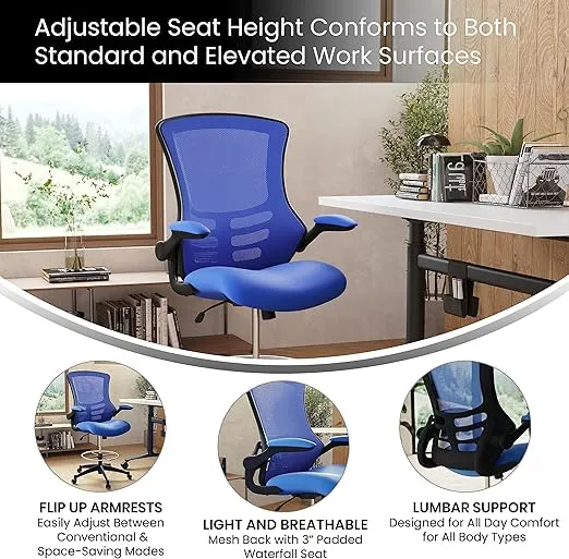 Flash Furniture Kelista Mid-Back Swivel Office Chair with Adjustable Seat Height, Ergonomic Mesh Desk Chair with Flip-Up Armrests, Blue