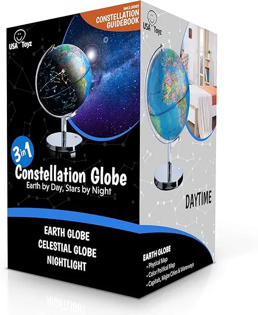 USA Toyz Illuminated Globe of the World with Stand - 3in1 World Globes, Constellation Globe Night Light, Globe Lamp with Built-In LED, Easy to Read Texts, Non-Tip Base, 13.5 Inch Tall, 9 Inch Diameter