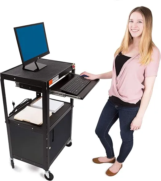 Stand Steady AV Cart with Locking Cabinet, Adjustable Height, UL Certified, Steel Frame, Black