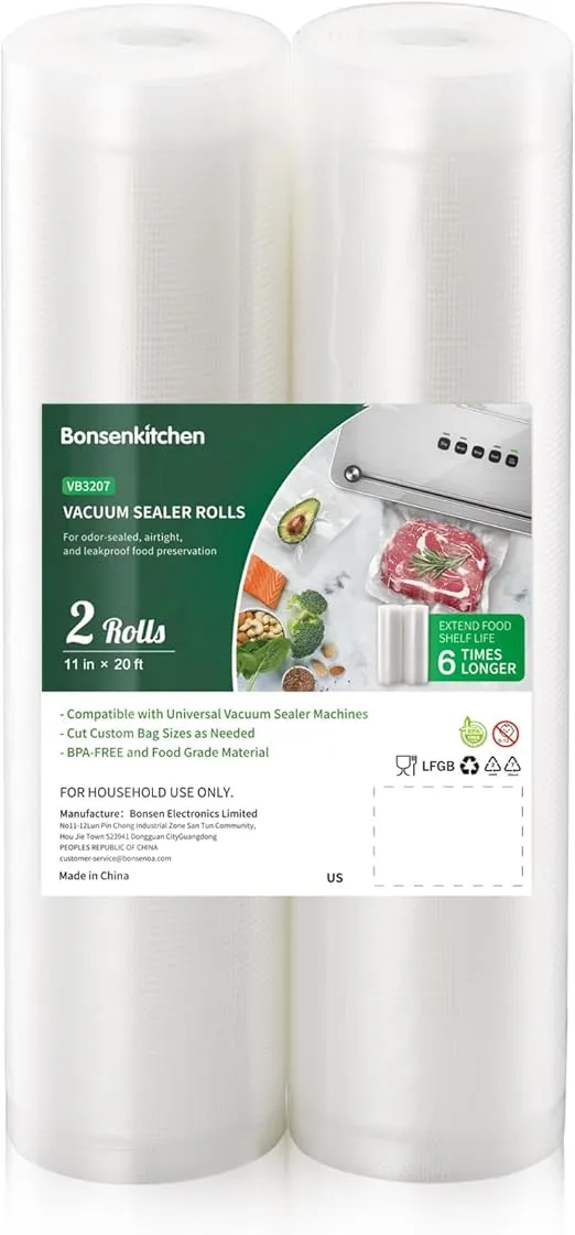 Bonsenkitchen Vacuum Sealer Bags, 11" x 20' Rolls 2 Pack for Food Storage Saver, Bpa Free, Heavy Duty, Commercial Grade Textured Food Roll, Customized Size Bag for Sous Vide Cooking, VB3207