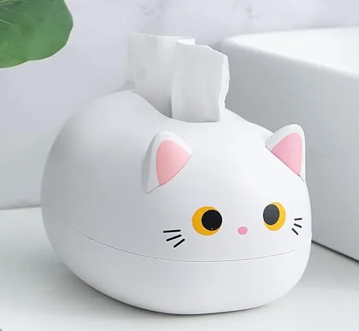 Cute Cat Tissue Box Dispenser Storage Tissue Holder with Toothpick Box Cat Gifts(white)