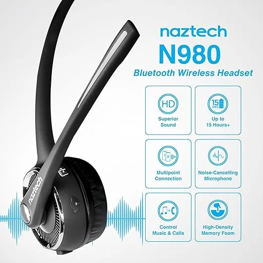 Naztech N980 Wireless Headset w/ Charging Base - Noise Cancelling Microphone, HD Sound, Bluetooth 5.0, Multipoint, 15Hrs Battery, Dual Charge - Black