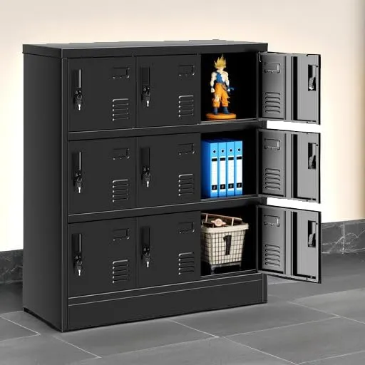 INTERGREAT 9 Door Storage Locker for Employee, Metal Locker for Office, Gym, Shool,Lockable Black Steel Locker with Lock and Card Slot for Home,Garage