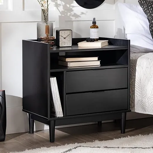 Walker Edison Blythe Mid-Century Modern Tray-Top Storage Nightstand, 25 Inch, Black