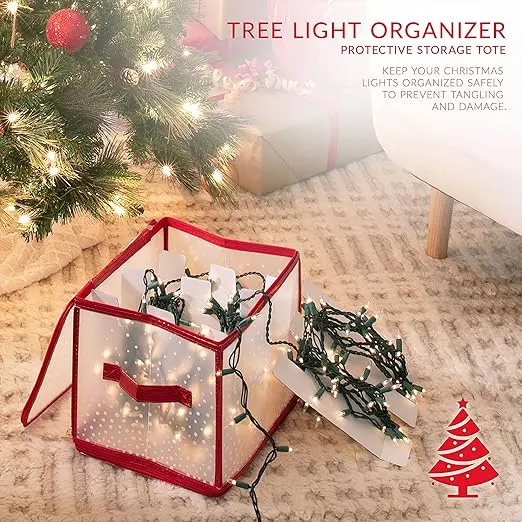 Simplify Holiday Light Organizer Box | Holds 500 Lights | Christmas Storage | Tree String Lights | 5 Divider Reels | Collapsible | Ultra Zip | Red