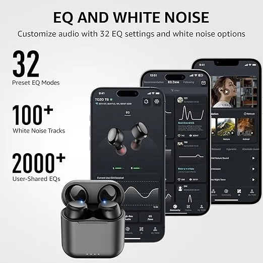 TOZO T6 (Ergonomic Edition) Wireless Earbuds Bluetooth 5.3 Headphones, Ergonomic Design in-Ear Headset, 50Hrs Playtime with Wireless Charging Case, APP EQ Customisable, IPX8 Waterproof, 2024 Version