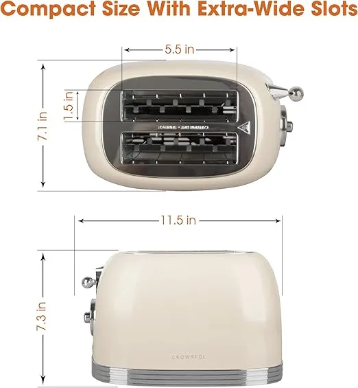 CROWNFUL 2-Slice Toaster, Extra Wide Slots Toaster, Retro Stainless Steel with Bagel, Cancel, Defrost, Reheat Function and 6-Shade Settings, Removal Crumb Tray, Cream