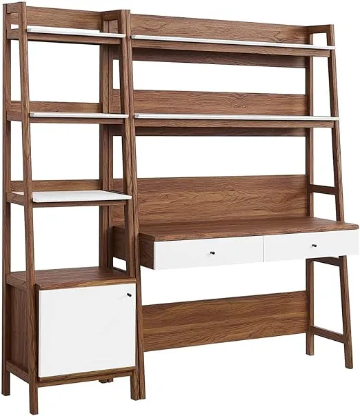 Modway Bixby 2-Piece Home Office Desk and Bookshelf Display Case in Walnut White