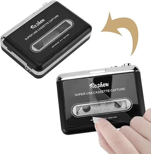 Reshow Cassette Player – Portable Tape Player Captures MP3 Audio Music via USB – Compatible with Laptops and Personal Computers – Convert Walkman Tape Cassettes to iPod Format (Black)