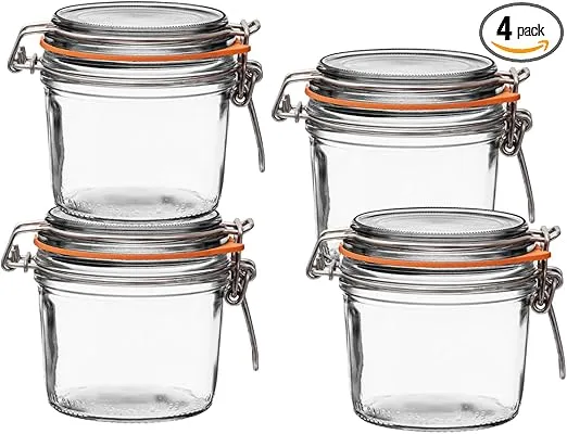 Le Parfait Super Terrine - 350ml French Glass Canning Jar w/Straight Body, Airtight Rubber Seal & Glass Lid, 12oz (Pack of 4) Stainless Wire