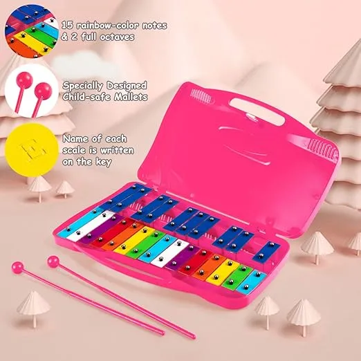 Costzon 25-Note Xylophone w/Case, Colorful Musical Toy w/Clear Tuned Metal Keys, 2 Child-Safe Mallets, Perfectly Tuned Instrument for Kids, Toddlers (With music sheets, Pink)