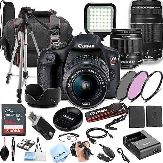 Canon EOS Rebel T7 DSLR Camera|2 Lens Kit with EF18-55mm + EF 75-300mm Lens + 64Gb Memory, LED Video Light, Case, Tripod, Filters, Grip & More(32pc Bundle) (Renewed)