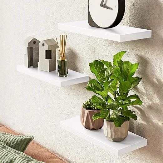 BAYKA Floating Shelves for Wall, Wall Mounted Rustic Wood Shelves for Bathroom, Bedroom, Living Room, Kitchen, Hanging Shelf for Books/Storage/Room Decor with 22lbs Capacity (White, Set of 3, 16in)