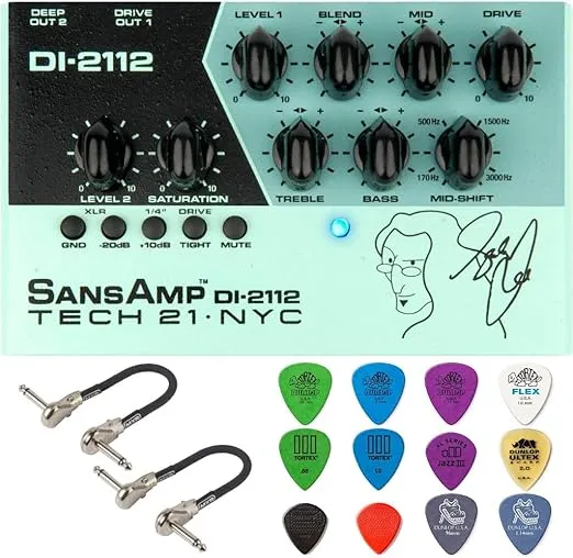 Tech 21 Geddy Lee DI-2112 Signature SansAmp Bass Preamp Pedal Bundle with 2 MXR Patch Cables and Dunlop Pick Pack