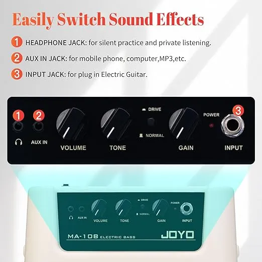 JOYO 10W Portable Bass Amplifier with 15ft Bass Guitar Cable Mini Bass Practice Amp Battery Powered Combo Bass Amp MA-10B Dual Channel (CMA10B)