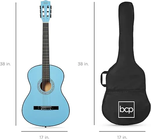 Best Choice Products 38in Beginner All Wood Acoustic Guitar Starter Kit w/Gig Bag, 6 Celluloid Picks, Nylon Strings, Capo, Cloth, Strap w/Pick Holder - Light Blue