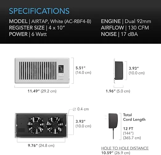 AC Infinity AIRTAP T4 White, Register Booster Fan for 4” x 10” Register Holes, Improves Heating & Cooling Vents, Quiet 10-Speeds, Bluetooth App Control Data Alerts