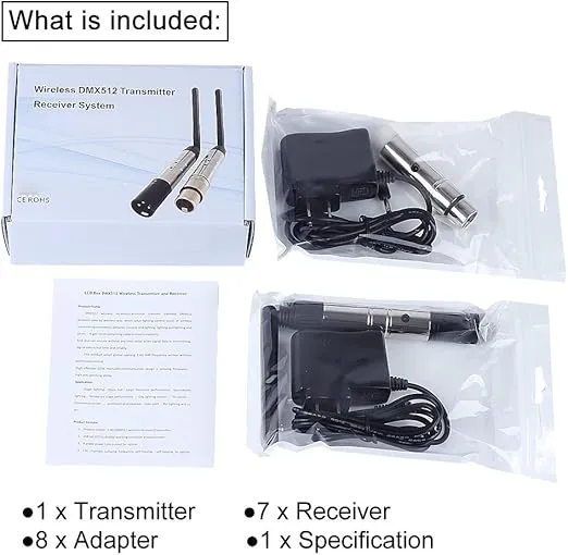 DMX Wireless, CHINLY 8pcs 2.4G DMX 512 1 Male Transmitter & 7 Female Receivers Short version for Stage PAR Party Light