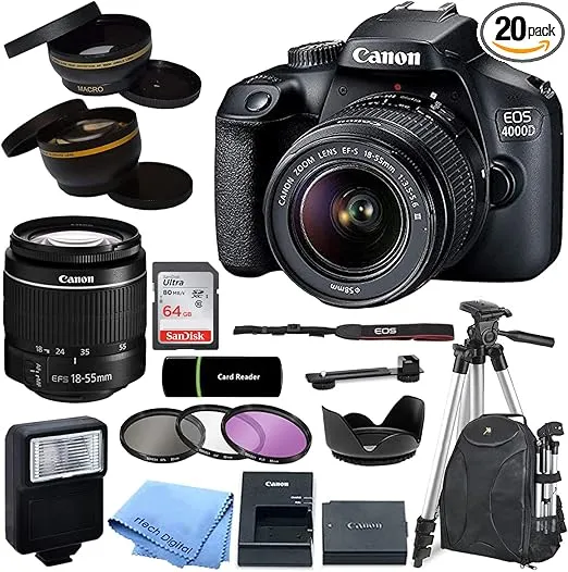 Canon EOS 4000D / Rebel T100 DSLR Camera with EF-S 18-55mm Zoom Lens + SanDisk 64GB Memory Card + Tripod + Case + Wideangle Lenses + Rtech Digital Cloth (20pc Bundle), Black, cn4000d bundle (Renewed)