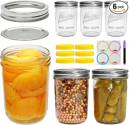 Accguan Mason Jar Set of 6,16oz Airtight Glass Jars wit Lids, Includes Purple Pen and Stickers for Cereal, Oatmeal, Fruit, Milk, Storage,Canning, Pickling, Jamming (6 Pack)