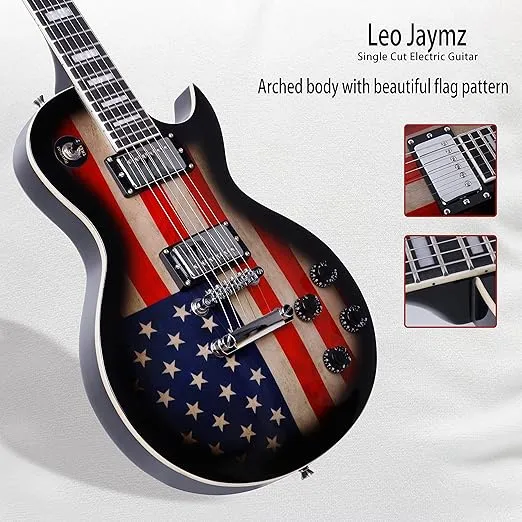 Leo Jaymz Full Size Single Cut Electric Guitar -Mahogany body，Mahogany neck on C+U shape， with Amazing US Flag Sticker on Arched Top (US Flag)