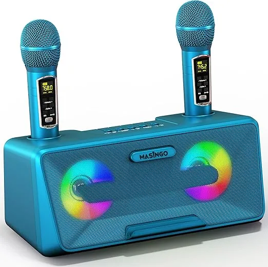 MASINGO Karaoke Machine for Adults and Kids with 2 Wireless Microphones, Portable Bluetooth Singing Speaker, Colorful LED Lights, PA System, Lyrics Display Phone Holder, and TV Cable. Presto G2