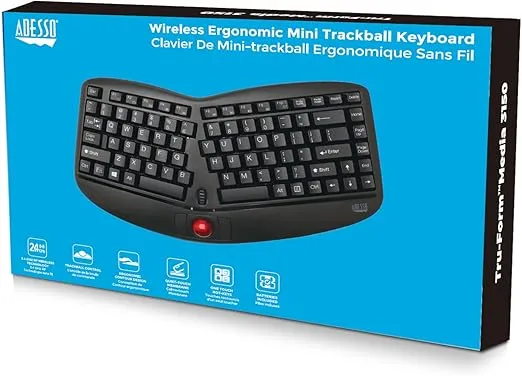 Adesso WKB-3150UB - Wireless Ergonomic Keyboard with Built-in Removable Trackball and Scroll Wheel, Split Key, Long Battery Life, Small and Portable -Compatible for Laptop/Desktop/PC/Windows XP/7/8/10