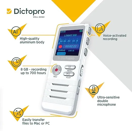 Digital Voice Activated Recorder by Dictopro- Easy HD Recording of Lectures and Meetings with Double Microphone, Noise Reduction Audio, Sound, Portable Mini Tape Dictaphone, MP3, USB, 8GB