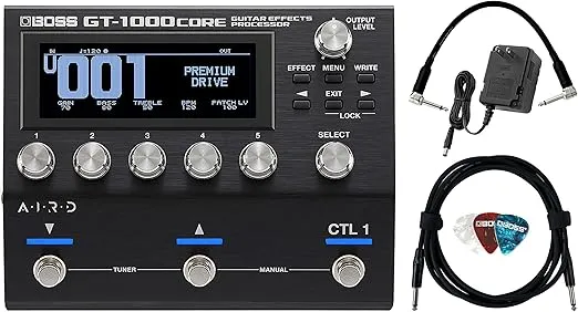 Boss GT-1000CORE Guitar Effects Processor Bundle with Power Supply, Instrument Cable, Patch Cable, and Picks